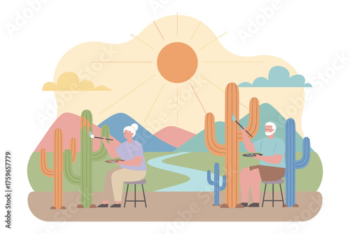 Happy seniors painting desert cacti enjoying creative hobby and serene retirement life