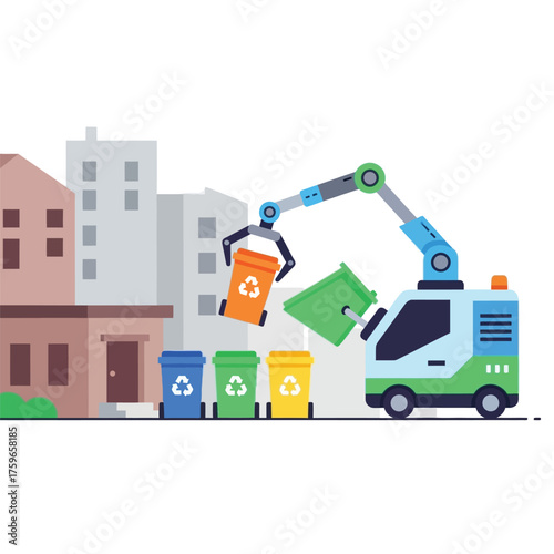 Automated recycling truck collecting bins with robot arm in city.