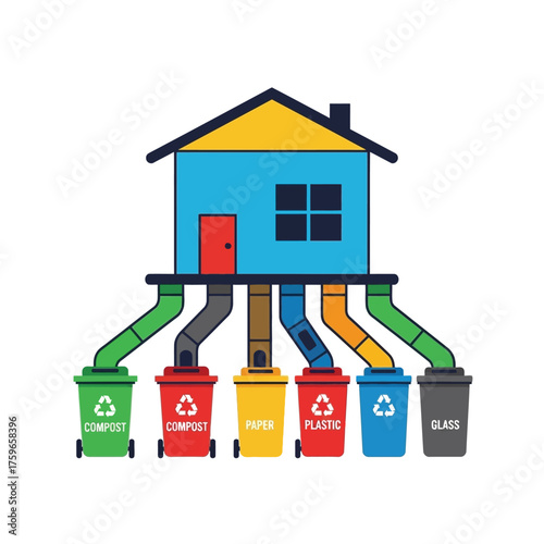 House with pipes leading to separate recycling bins for waste.