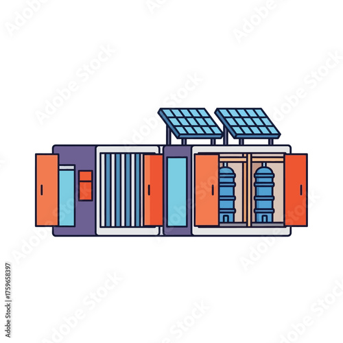 Portable solar generator with water containers.