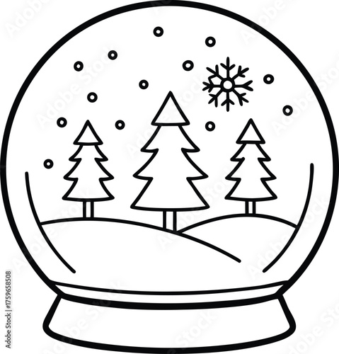 Black line art snow globe with trees snowflakes minimal