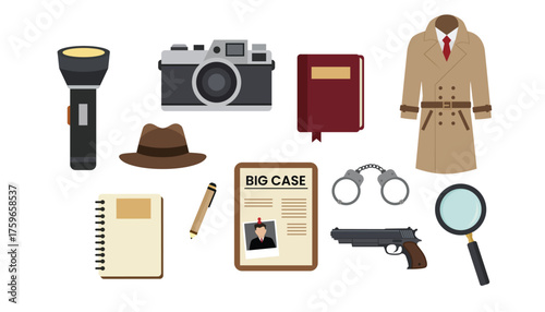 Detective and Investigation Tools Vector Illustration Set