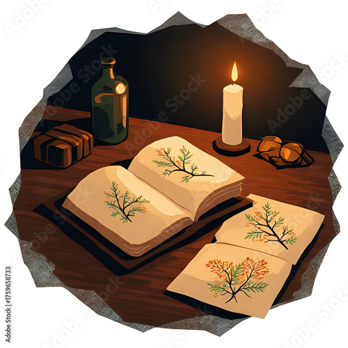 Dark Academia Art with Open Leather Bound Book and Candlelight | Moody Oil Painting of Vintage Desk with Book and Spectacles | Atmospheric Library Scene with Parchment and Botanical Sketches