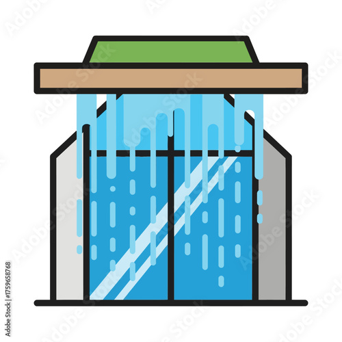 Modern building with rain cascading down its windows.