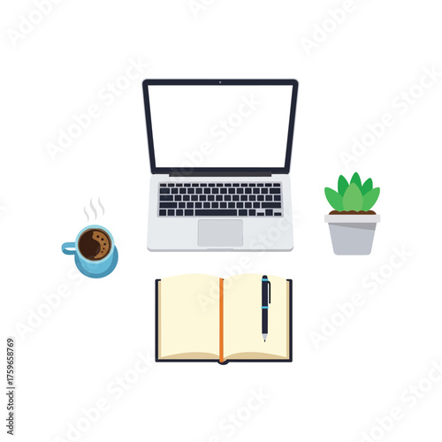 A clean workspace with a laptop, coffee, notebook, pen, and plant.