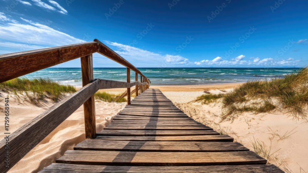 Obraz premium Wooden walkway leads to sandy beach and ocean under a clear blue sky on a sunny day
