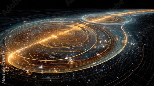 Electrons Orbiting Glowing Atomic Nucleus in Quantum Space Visualization