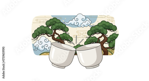 Cheers to Tradition Korean Tea Ceremony with Pine Trees and Clouds in Celebration