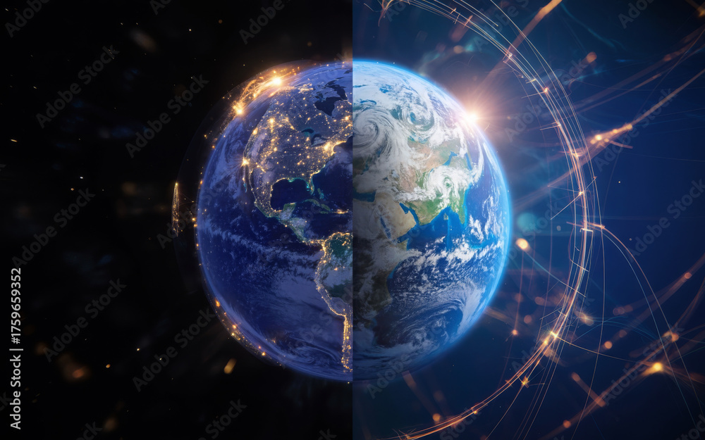 Obraz premium Split view of earth day and night with global network connections satellite