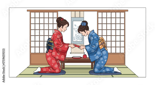 Cultural exchange Two elegant Japanese women in vibrant kimonos observe tradition, respectfully bowing while exchanging a symbolic red envelope gift in a serene setting