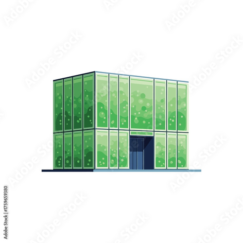Modern glass building with green tint and abstract patterns.