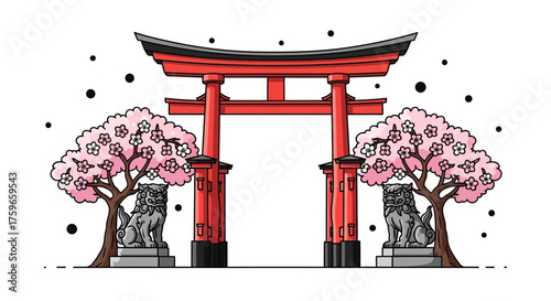 Traditional Japanese Torii Gate with Cherry Blossoms and Guardian Lion Statues Illustration