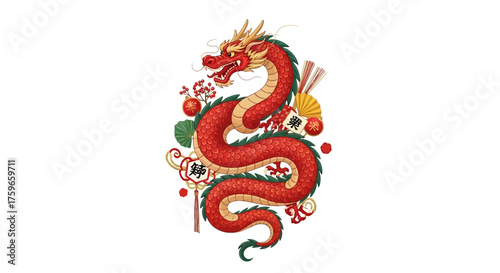 Vibrant Red Dragon Illustration with Chinese Festive Elements