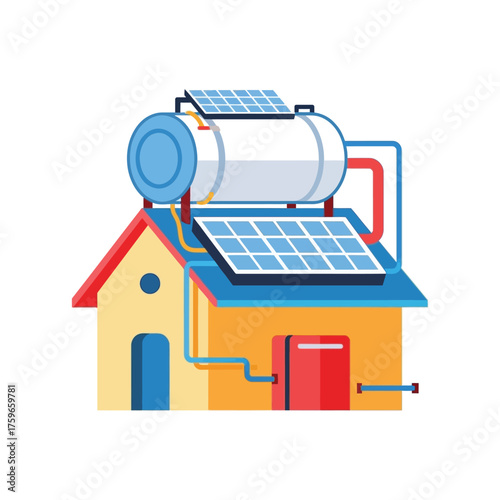 A house with solar panels and a water heater on the roof.