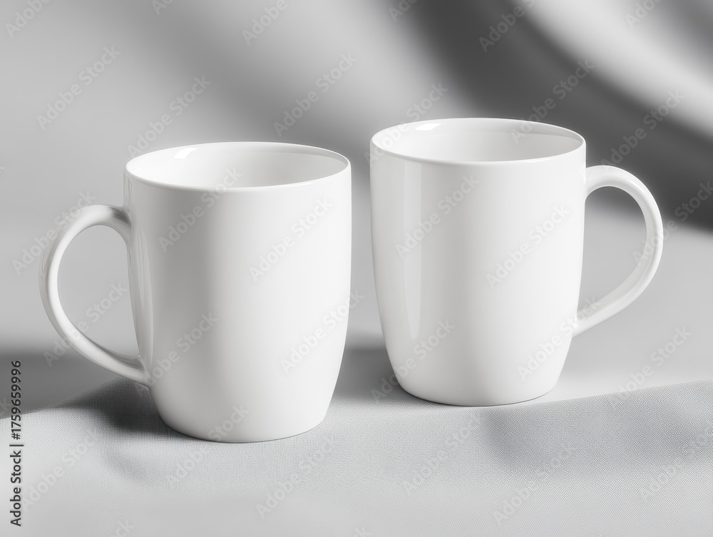 Obraz premium Two pristine white ceramic mugs ready for your custom design, perfect for branding and promotions