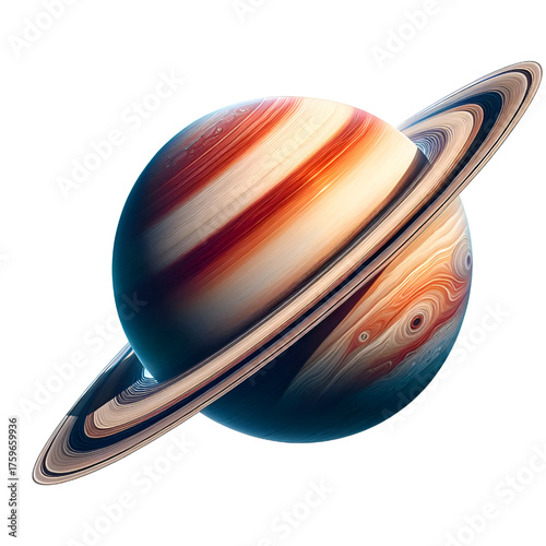 Stunning image of a ringed planet resembling Saturn, showcasing its colorful bands, gaseous atmosphere, and elegant rings against a white background. Perfect for astronomy, space, and science themes.