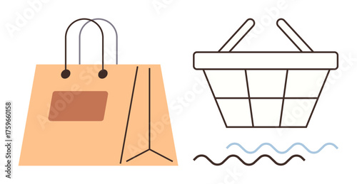 Paper shopping bag and wire basket with abstract wavy design. Ideal for retail, shopping, consumerism, business, e-commerce, sustainability, minimalistic themes, simple flat metaphor