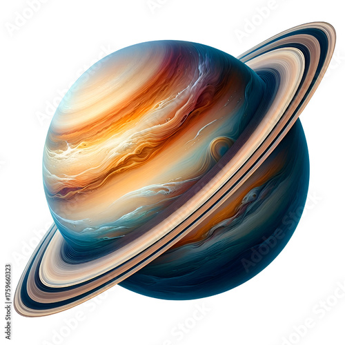 Stunning image of a ringed planet resembling Saturn, showcasing its colorful bands, gaseous atmosphere, and elegant rings against a white background. Perfect for astronomy, space, and science themes.