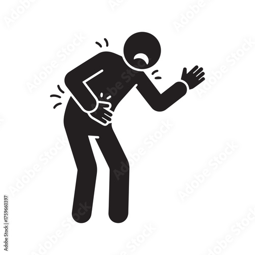 Person in Agony Glyph Icon. Man Clutching Stomach from Severe Abdominal Pain, Food Poisoning, or Cramps. Sickness and Healthcare Symbol.
