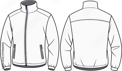 Full zip jacket front and back view, high collar, ribbed cuffs hem, side zip pockets, cad drawing flat vector illustration
