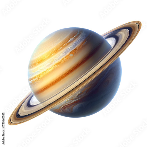 Stunning image of a ringed planet resembling Saturn, showcasing its colorful bands, gaseous atmosphere, and elegant rings against a white background. Perfect for astronomy, space, and science themes.