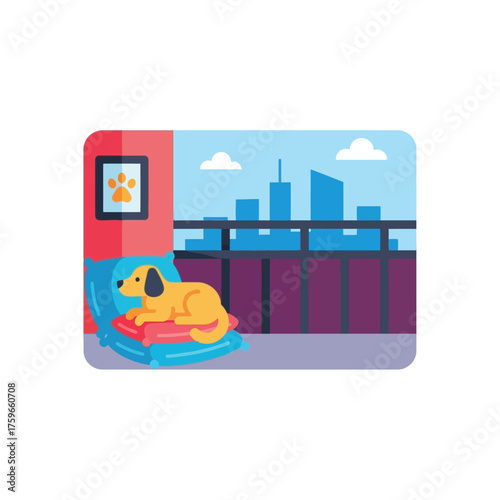 A dog rests on pillows on a balcony overlooking a city.