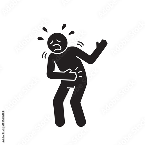 Person in Agony Glyph Icon. Man Clutching Stomach from Severe Abdominal Pain, Food Poisoning, or Cramps. Sickness and Healthcare Symbol.
