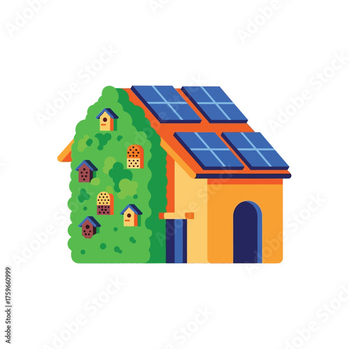 A stylized house with solar panels and birdhouses on a green, leafy surface.