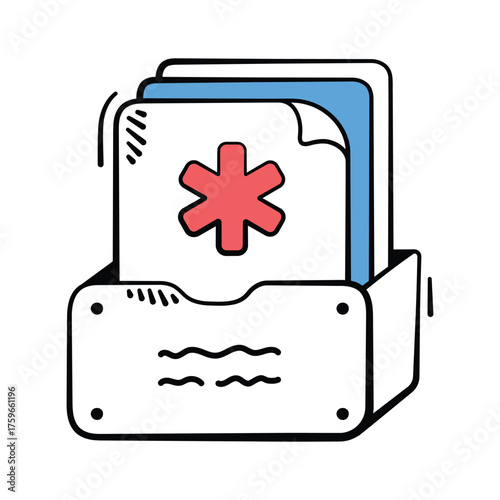 Hand drawn icon of a patient�s medical file with a red cross.
