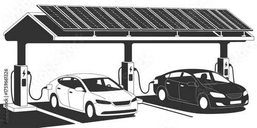Electric vehicle charging station solar panel canopy illustration for sustainable transportation concepts silhouette vector illustration white background