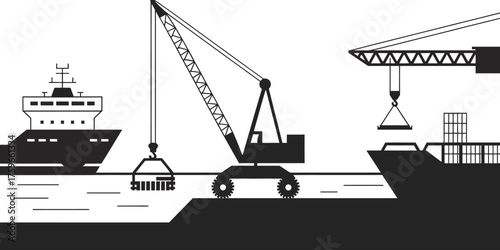Minimalist industrial harbor scene with ships and cranes scalable vector illustration silhouette vector illustration white background
