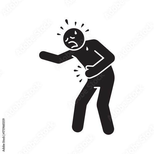 Person in Agony Glyph Icon. Man Clutching Stomach from Severe Abdominal Pain, Food Poisoning, or Cramps. Sickness and Healthcare Symbol.
