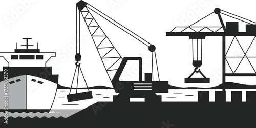 Industrial harbor scene vector illustration with ship and cranes loading cargo scalable eps graphic silhouette vector illustration white background