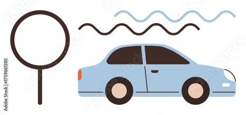 Magnifying glass near blue car with wavy lines symbolizing diagnostics, research, or analysis. Ideal for automotive services, inspection, maintenance, troubleshooting, analytics, innovation simple