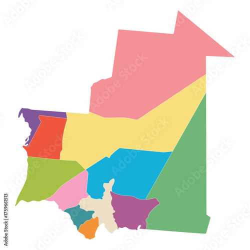 Mauritania map regions. Map of Mauritania regions in multicolor