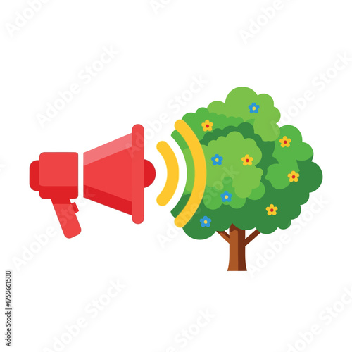 A red megaphone emits sound waves tods a flowering tree.