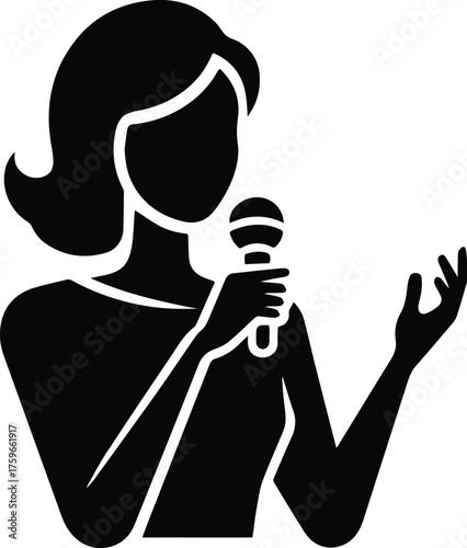 Vector illustration of a woman holding a microphone for speeches and performances scalable eps icon silhouette vector illustration white background