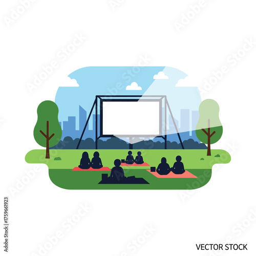 People watch a movie on a large screen in a park.