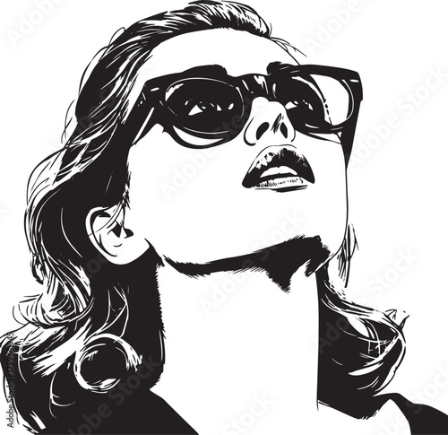 Vector art of attractive woman in sunglasses looking up black and white vector illustration of a pretty girl