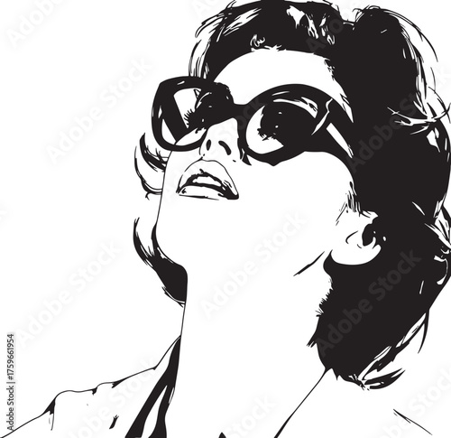Vector art of beautiful woman in sunglasses looking up black and white vector illustration of a stylish girl