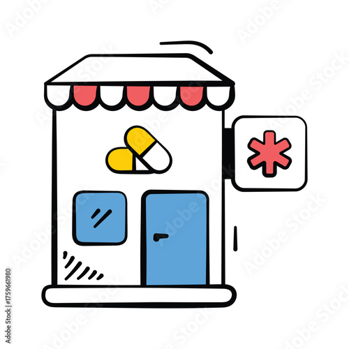 Hand drawn pharmacy building icon with medical cross representing medicine shop
