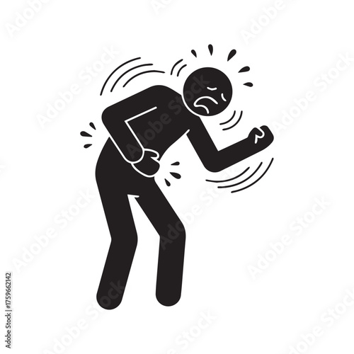 Person in Agony Glyph Icon. Man Clutching Stomach from Severe Abdominal Pain, Food Poisoning, or Cramps. Sickness and Healthcare Symbol.
