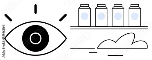 Bold eye graphic gazes at four bottles placed on a shelf, complemented by a cloud illustration. Ideal for observation, awareness, vision, monitoring, supply chain, future focus, idea generation
