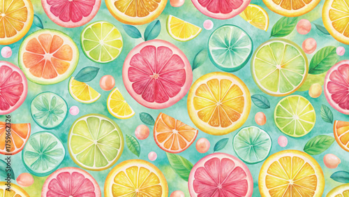 Seamless pattern of bright yellow lemon slices hand-painted watercolor style background 