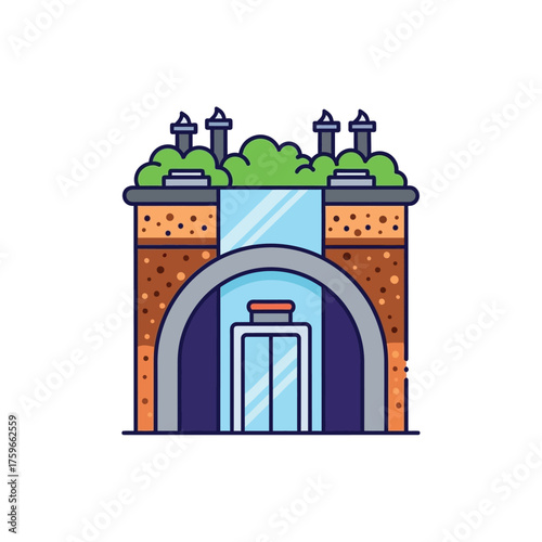 Stylized of an underground building with an elevator.