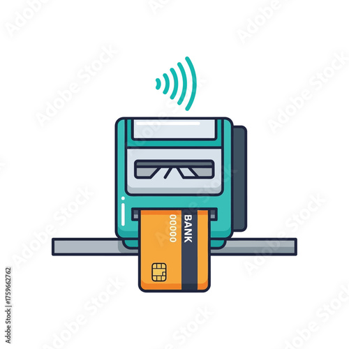 Contactless payment terminal with a credit card inserted.