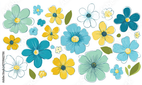 Vector art of cheerful floral arrangement featuring a variety of colorful flowers and leaves for a vibrant and fresh design