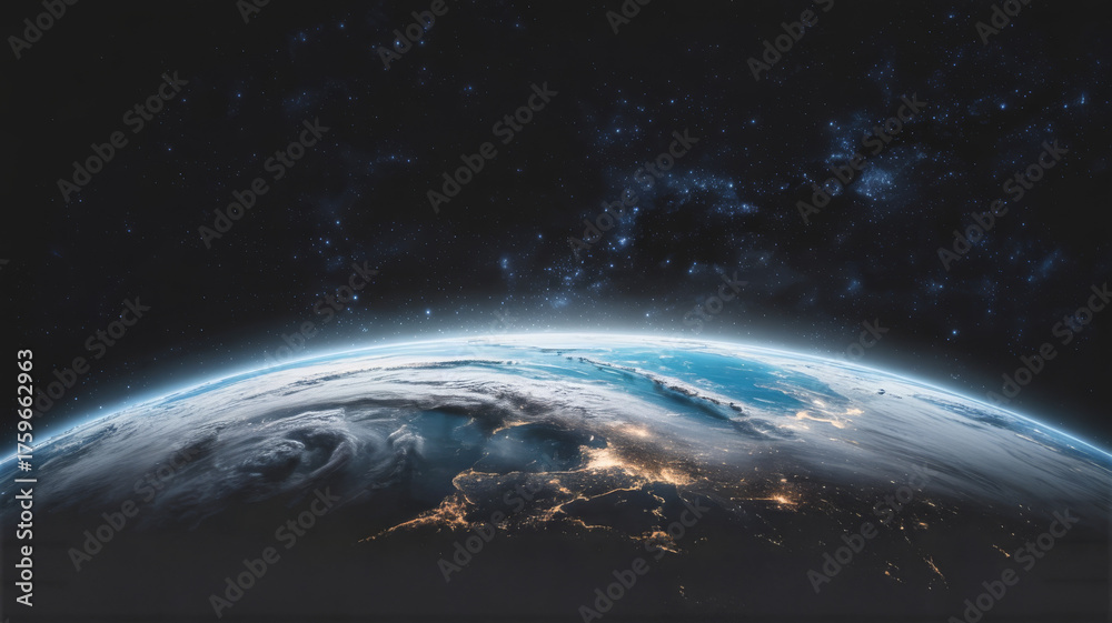 Obraz premium Curvature of earth from orbit, with stars in the background satellite