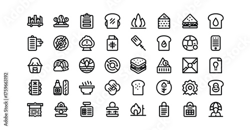 A collection of various outline icons arranged in a grid pattern on a white background view silhouette