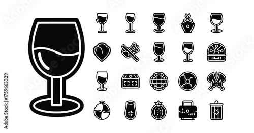 Collection of black and white icons featuring wine glasses and various other objects on white silhouette